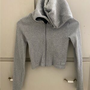 Gray Ribbed Zip-Up Hoodie